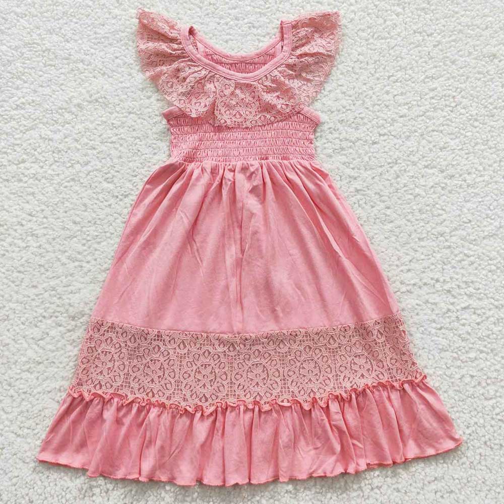 Baby Girls Pink Lace Linen Long Ruffle Dresses