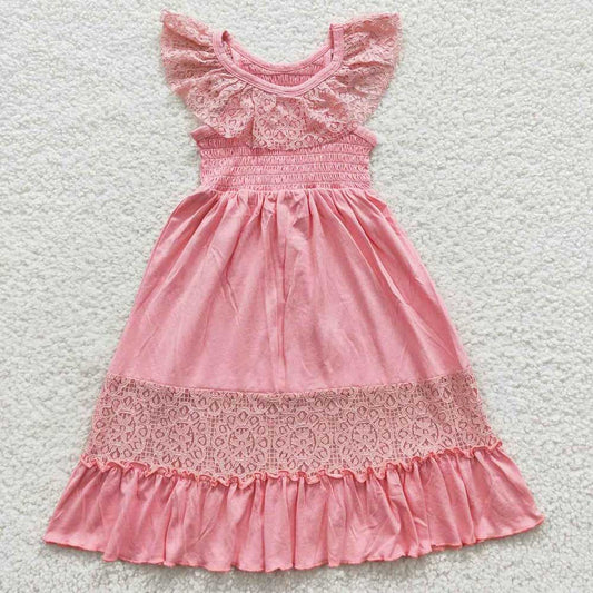 Baby Girls Pink Lace Linen Long Ruffle Dresses