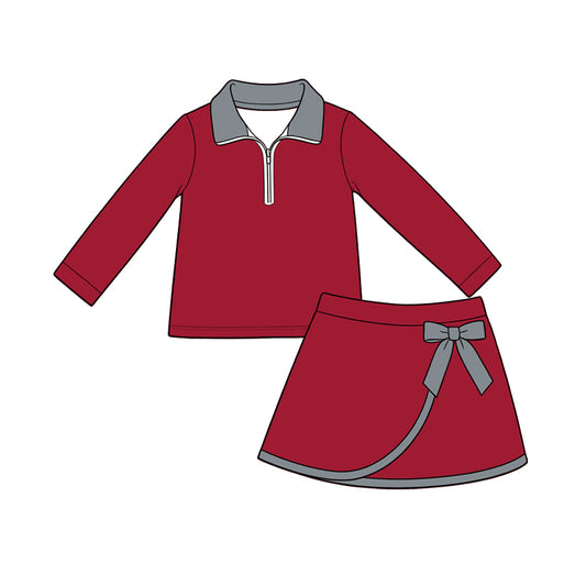 Preorder (moq 5) Baby Girls Dark Red Grey Zip Pullover Bow Skirt Short Clothes Set