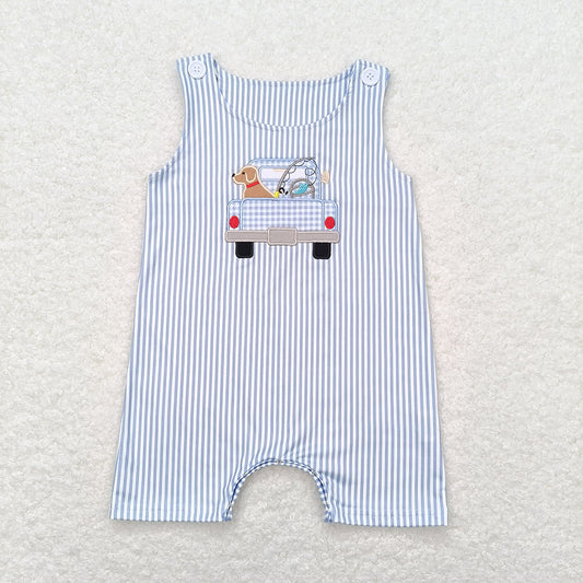 Baby Infant Boys Blue Stripes Dog Fishing Summer Sleeveless Rompers