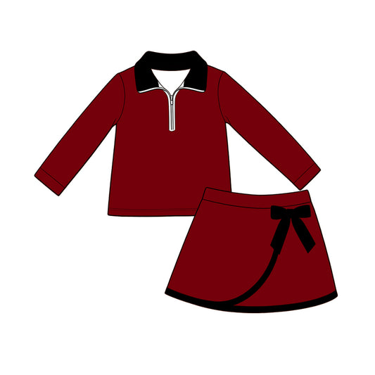 Preorder (moq 5) Baby Girls Black Maroon Zip Pullover Bow Skirt Short Clothes Set