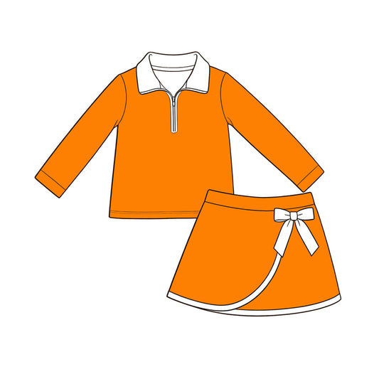 Preorder (moq 5) Baby Girls White Orange Zip Pullover Bow Skirt Short Clothes Set