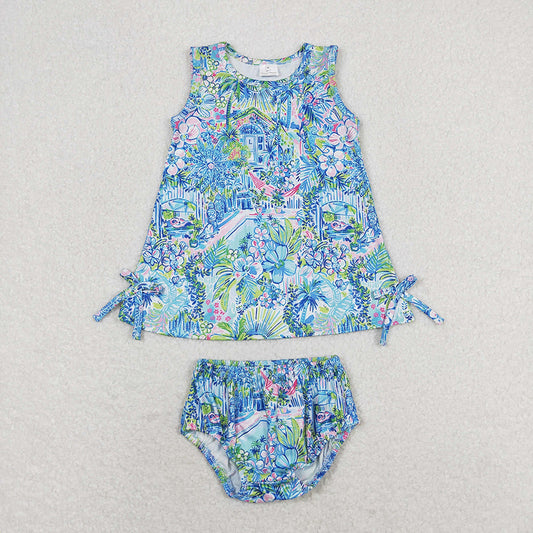 Baby Girls Blue Flowers Tunic Top Bummies Clothes Sets