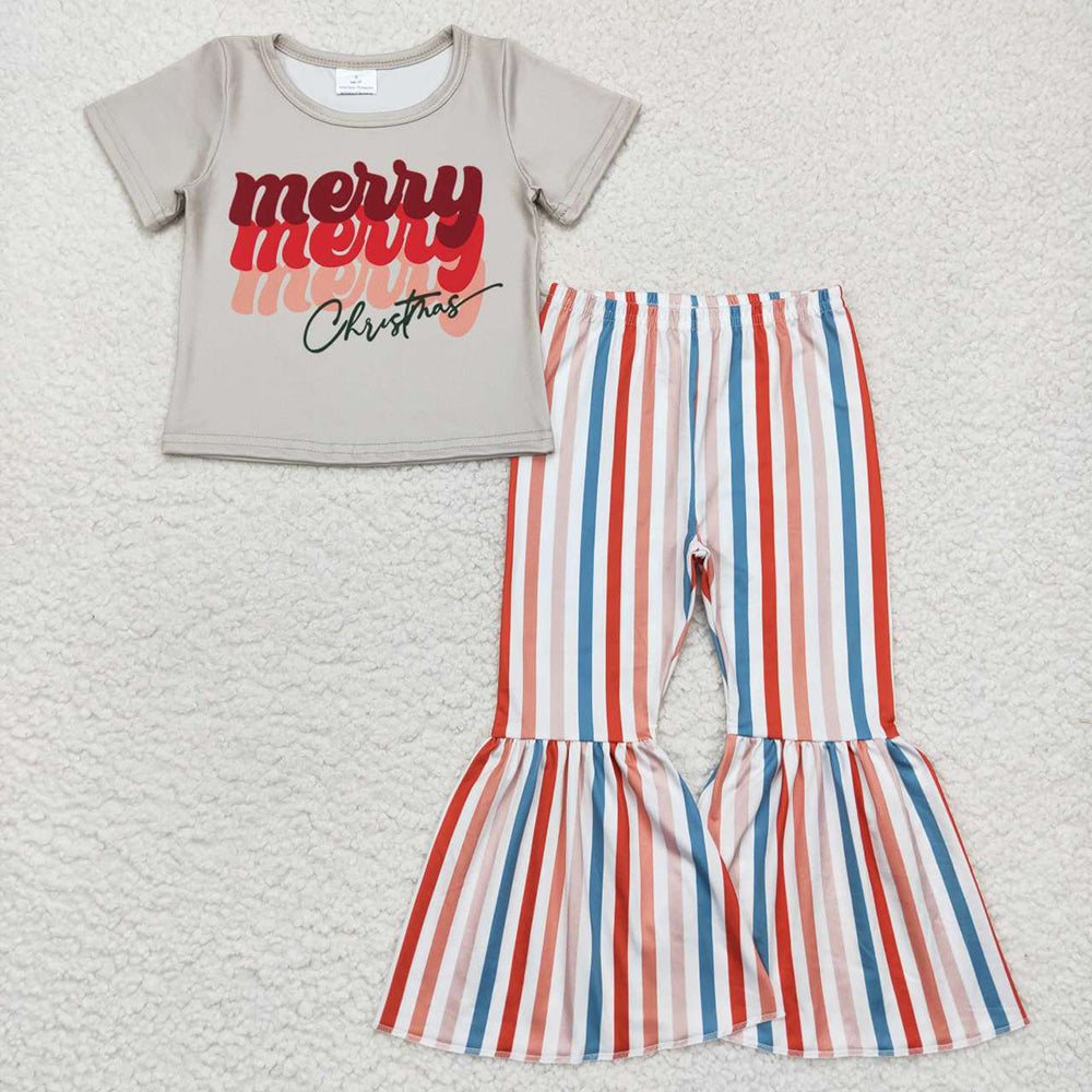 Baby Girls Merry Christmas Tee Shirt Tops Stripes Bell Bottom Pants Clothes Sets