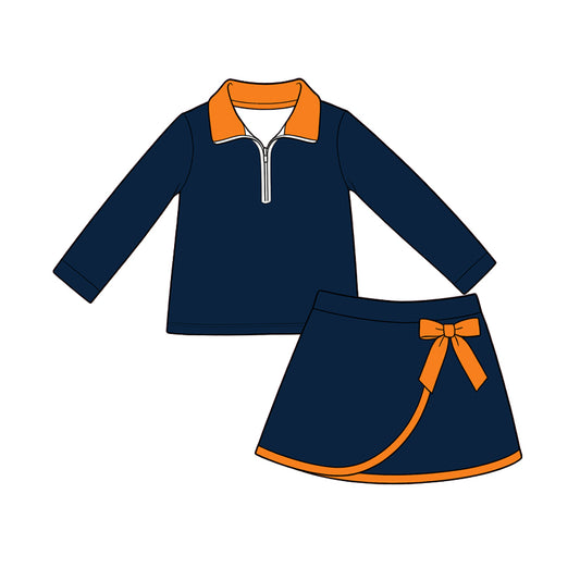 Preorder (moq 5) Baby Girls Orange Navy Zip Pullover Bow Skirt Short Clothes Set