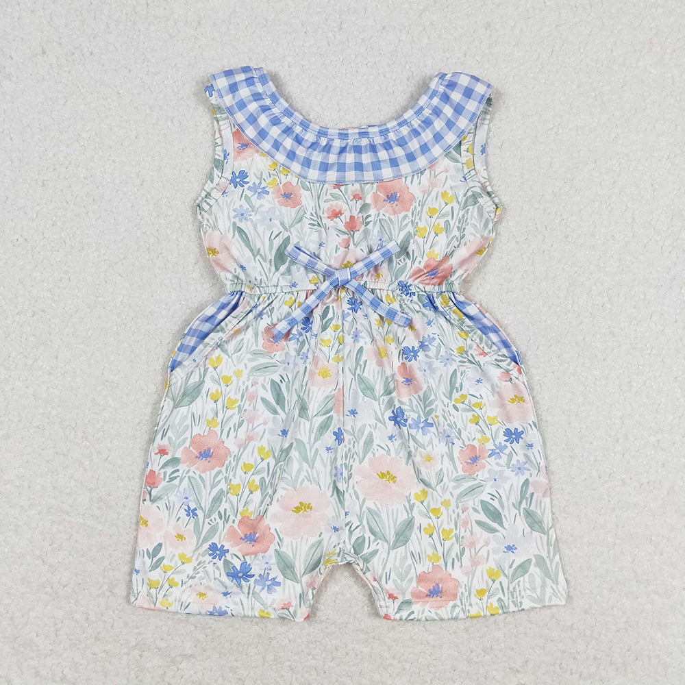 Baby Girls Blue Flowers Checkered Shorts Jumpsuits