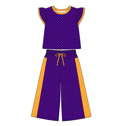 Preorder (moq 5)Baby Girls Flutter Sleeve Purple Orange Polka Dots Top Flare Pant Clothes Sets