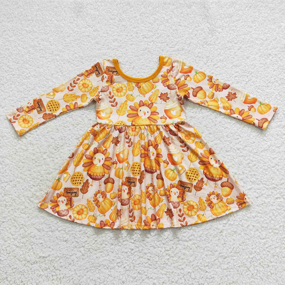 Baby Girls Pumpkin Turkey Thanksgiving Fall Knee Length Ruffle Dresses