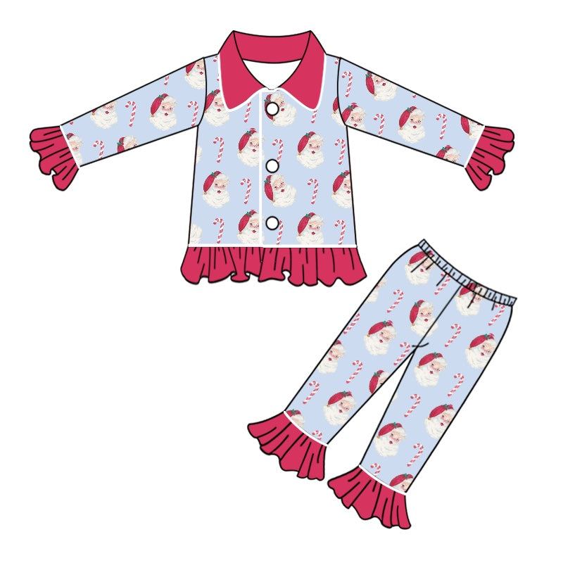 Baby Girls Christmas Santa Candy Button Up Pajamas Clothing Sets preorder(moq 5)