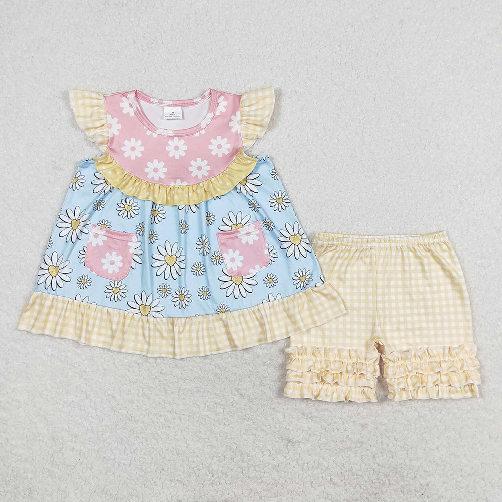 Baby Girls Sunflowers Flutter Sleeve Tunic Ruffle Shorts Clothes Sets