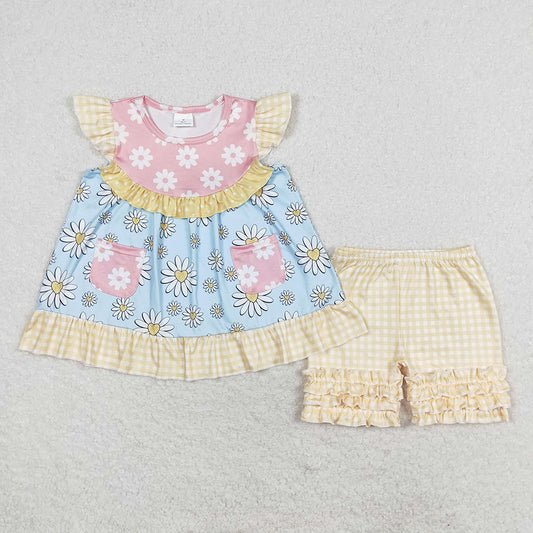 Baby Girls Sunflowers Flutter Sleeve Tunic Ruffle Shorts Clothes Sets