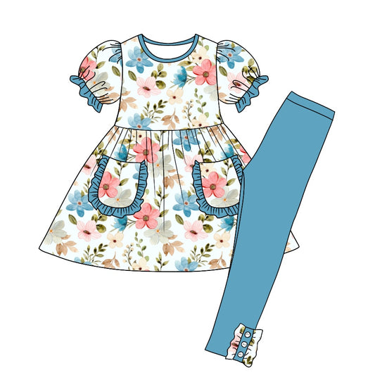 Baby Girls Blue Floral Pocket Tunic Legging Clothes Sets preorder(moq 5)