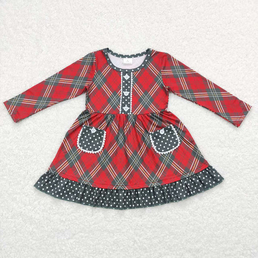 Baby Girls Christmas Red Green Checkered Pockets Knee Length Dresses