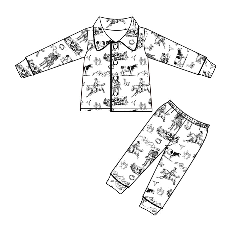 Baby Kids White Horse Button Ups Spring Fall Pajamas Clothes Sets preorder(moq 5)