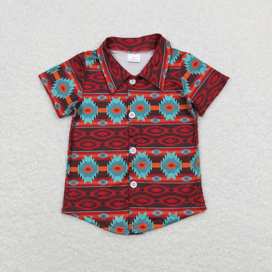 Baby Boys Western Wine Turquoise Aztec Short Sleeve Buttons Tee Shirts Tops