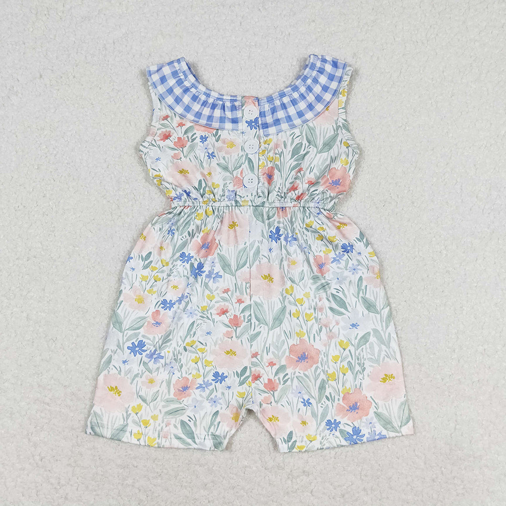 Baby Girls Blue Flowers Checkered Shorts Jumpsuits