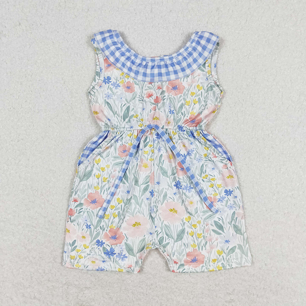 Baby Girls Blue Flowers Checkered Shorts Jumpsuits