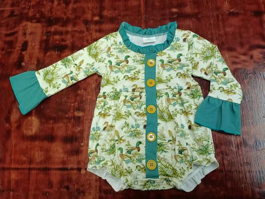 Baby Infant Girls Green Ducks Ruffles Buttons Rompers Preorder(moq 5)
