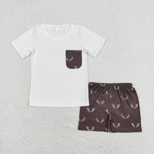 Baby Boys Pocket Short Sleeve Tee Shirts Tops Deer Shorts Clothes Sets