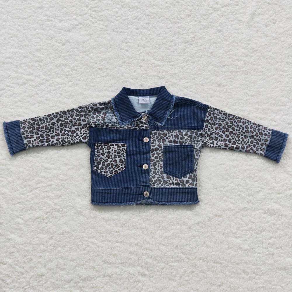 Baby Girls Denim Leopard Patchwork Long Sleeve Jackets Cardigans