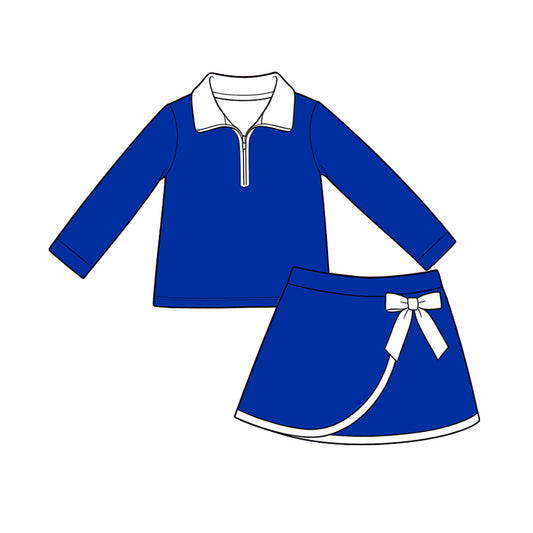 Preorder (moq 5) Baby Girls White Blue Zip Pullover Bow Skirt Short Clothes Set