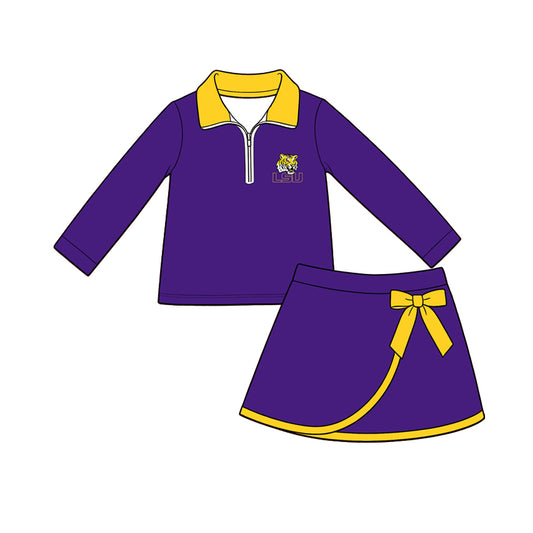Preorder (moq 5) Baby Girls LSU Tiger Zip Pullover Bow Skirt Short Team Clothes Set