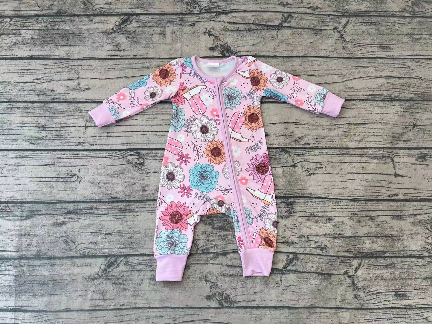 Baby Girls Pink Flowers Boots Western Long Sleeve Zip Rompers