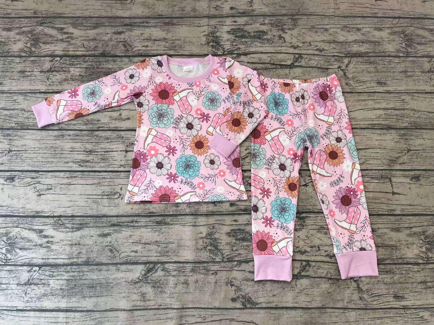 Baby Girls Pink Flowers Boots Western Shirt Top Pants Pajamas Clothes Sets