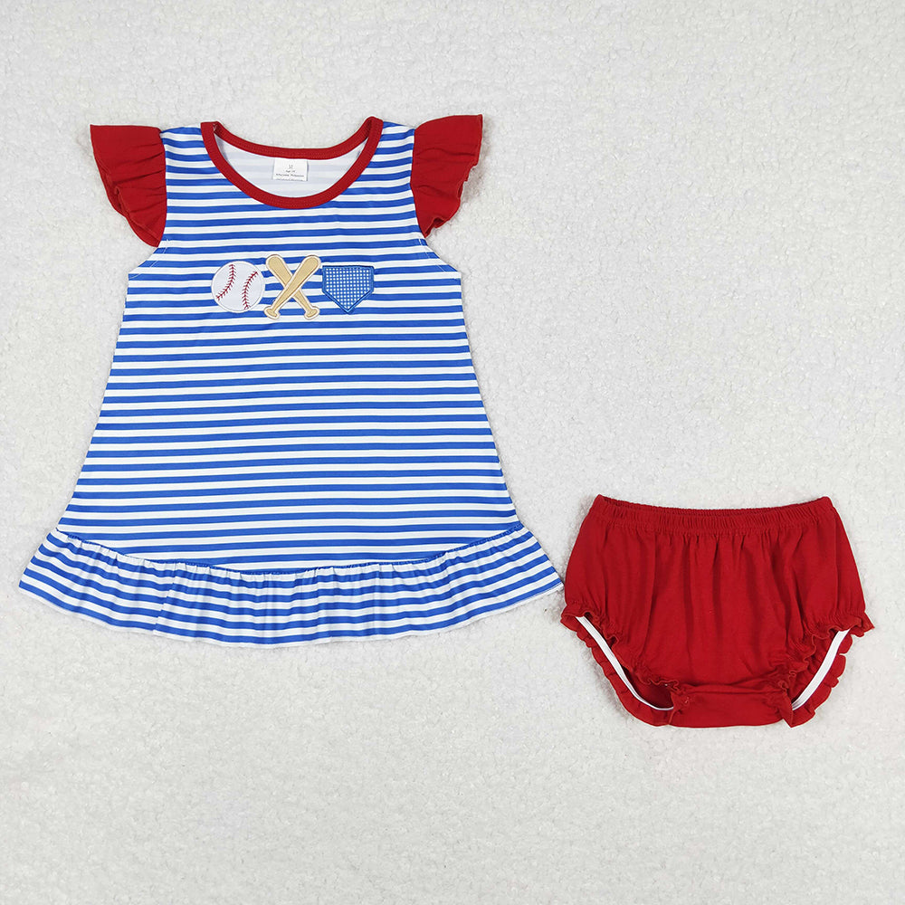 Baby Girls Blue Stripes Baseball Summer Sibling Clothes Sets