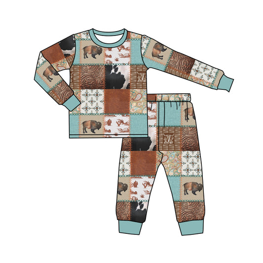 Baby Kids Western Cows Blue Pajamas Clothing Sets preorder(moq 5)