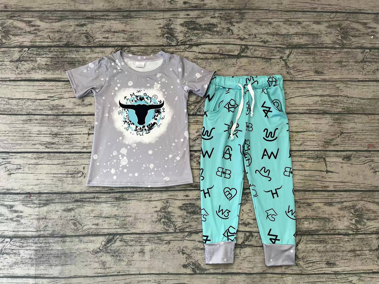 Baby Boys Western Blue Cow Shirt Words Pants Clothes Sets