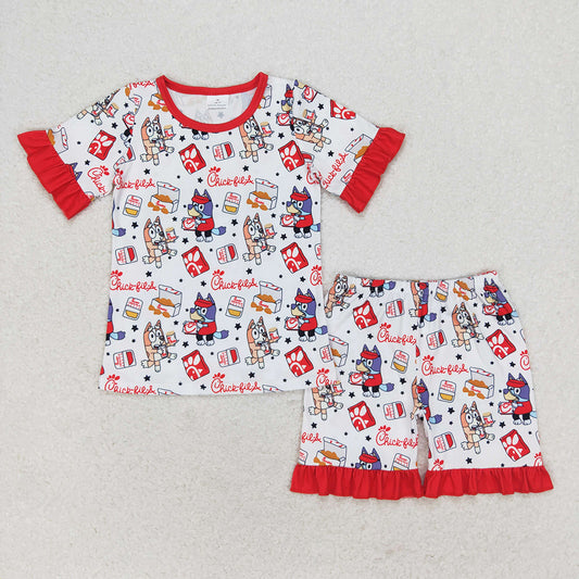 Baby Girls Red Dogs Fries Chips Short Sleeve Shirt Ruffle Shorts Pajamas Clothes Set