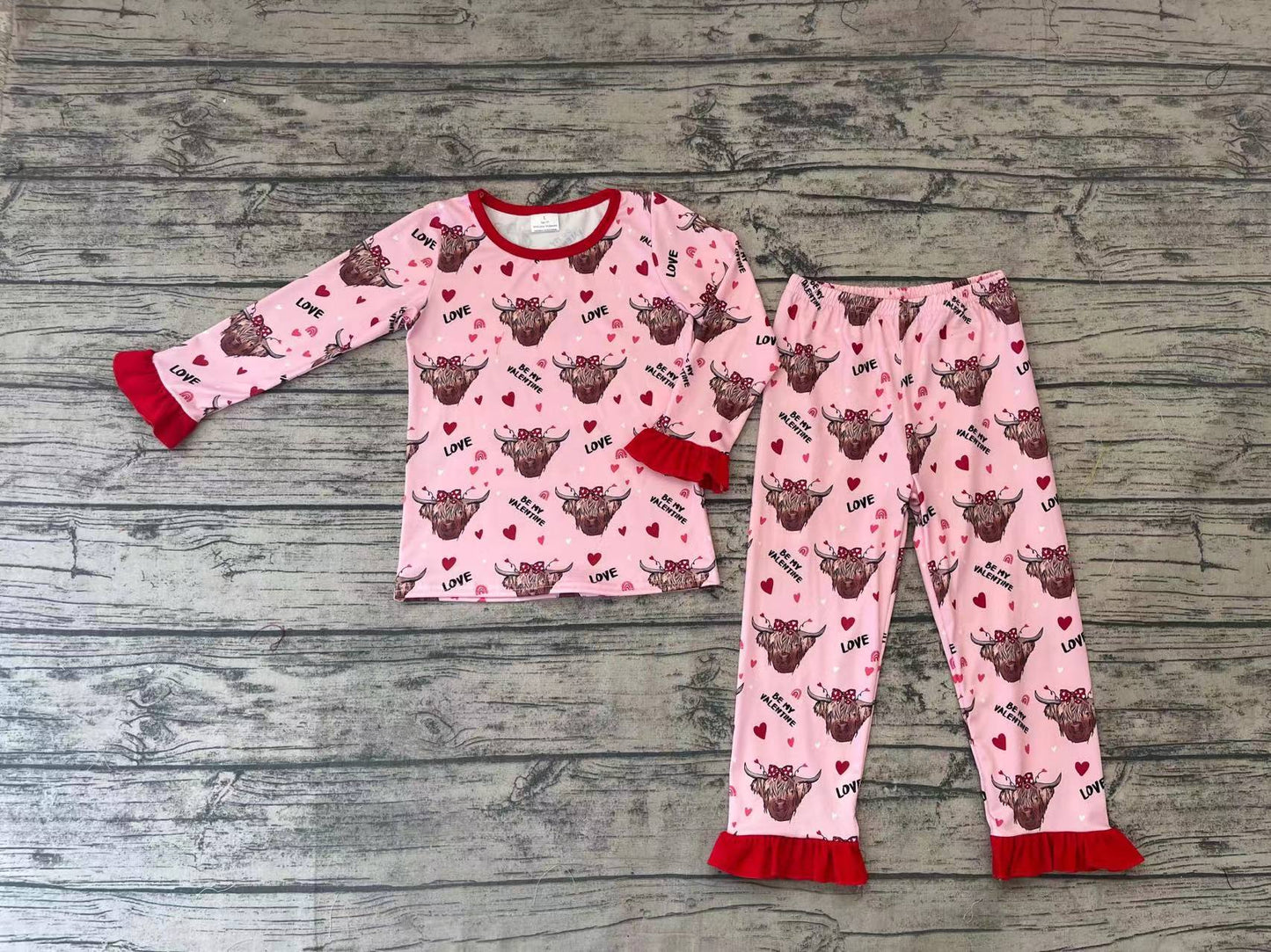 Baby Girls Highland Cow Valentines Hearts Tops Pajamas Clothing Sets