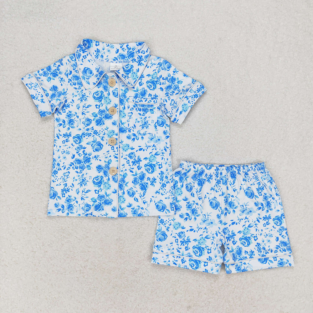 Baby Girls Blue Flowers Shirts Ruffle Shorts Pajamas Clothes Sets