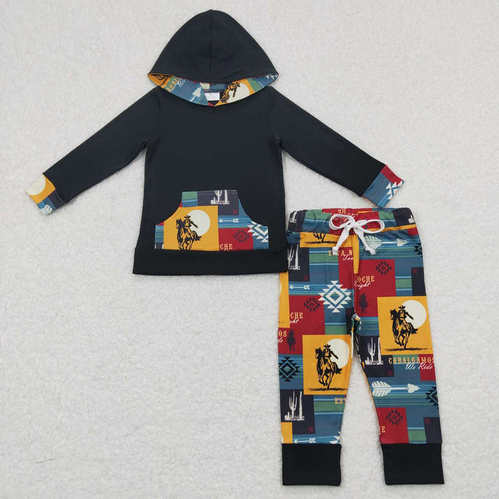 Baby Boys Western Black Long Sleeve Hooded Tops Rodeo Pants Clothes Sets