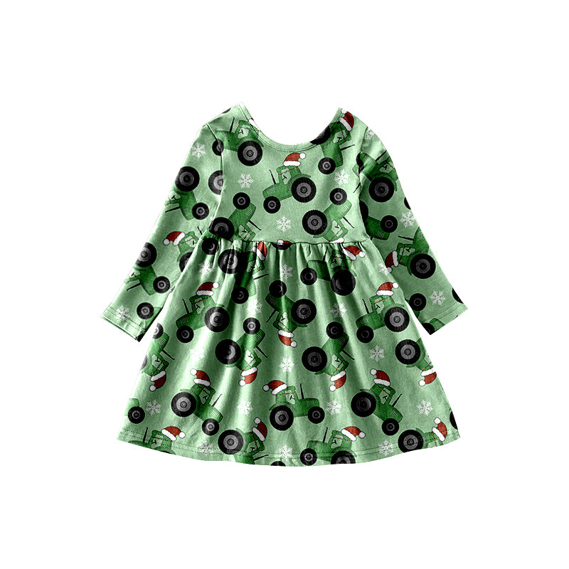 Baby Girls Christmas Green Tractor long sleeve Knee Length Dresses preorder(moq 5)