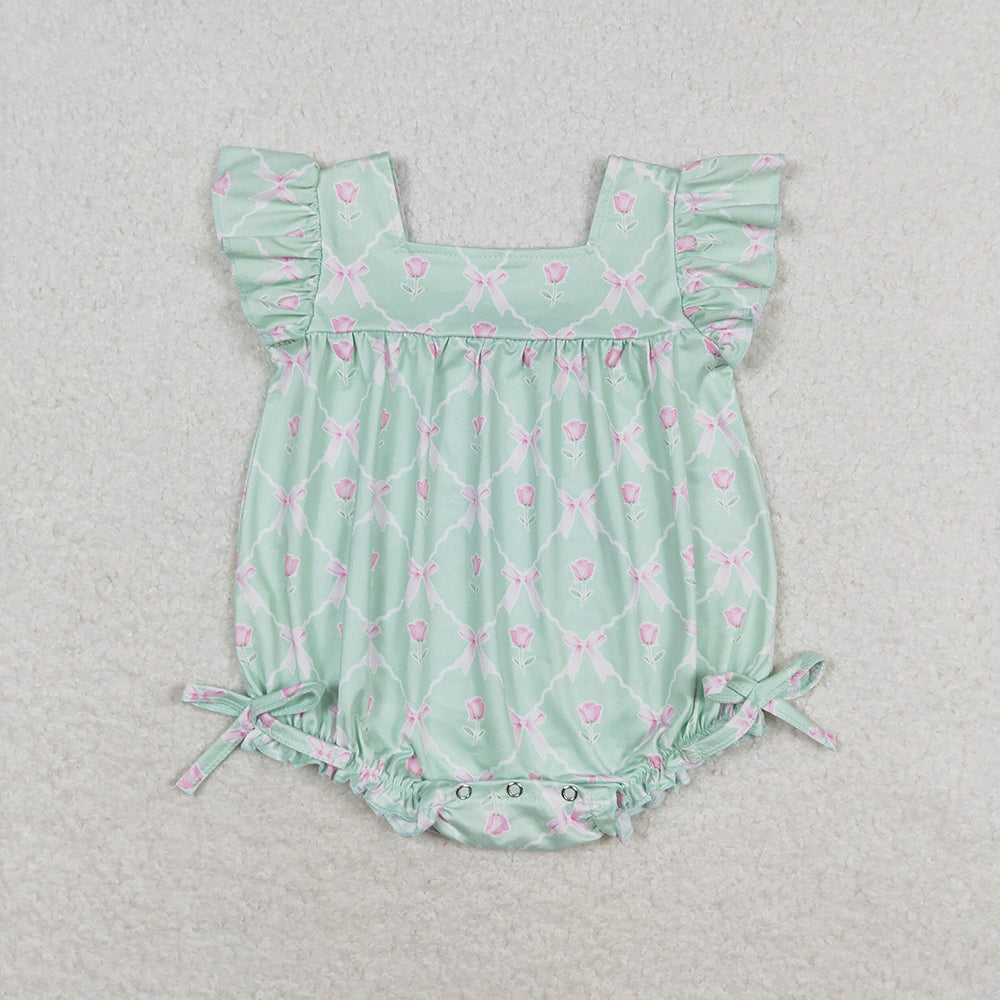 Baby Girls Green Bows Flutter Sleeve Summer Rompers