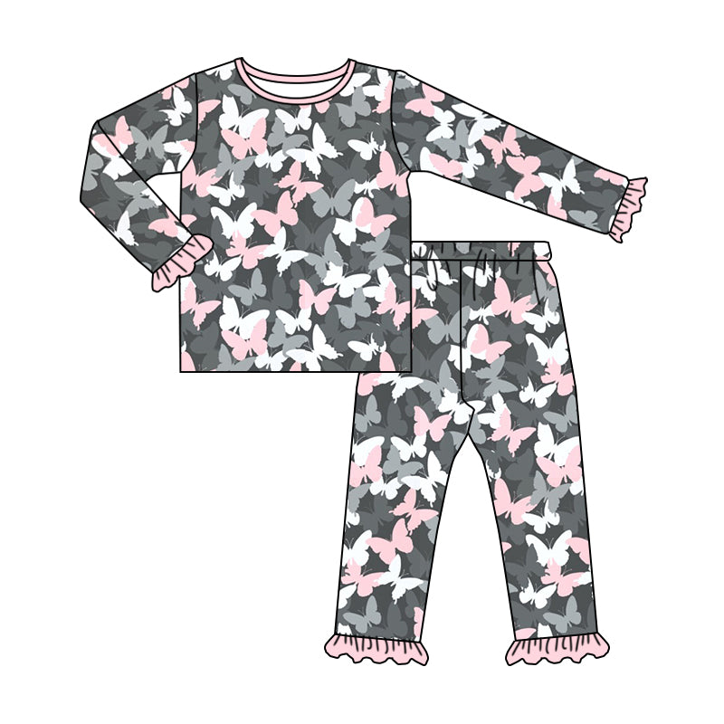 Baby Girls Butterfly Pink Shirts Ruffle Pants Pajamas Clothes Sets preorder(moq 5)