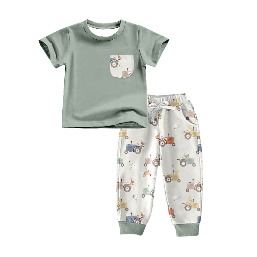 Baby Boys Green Duck Tractor Pocket Shirt Pants Clothes Sets preorder(moq 5)