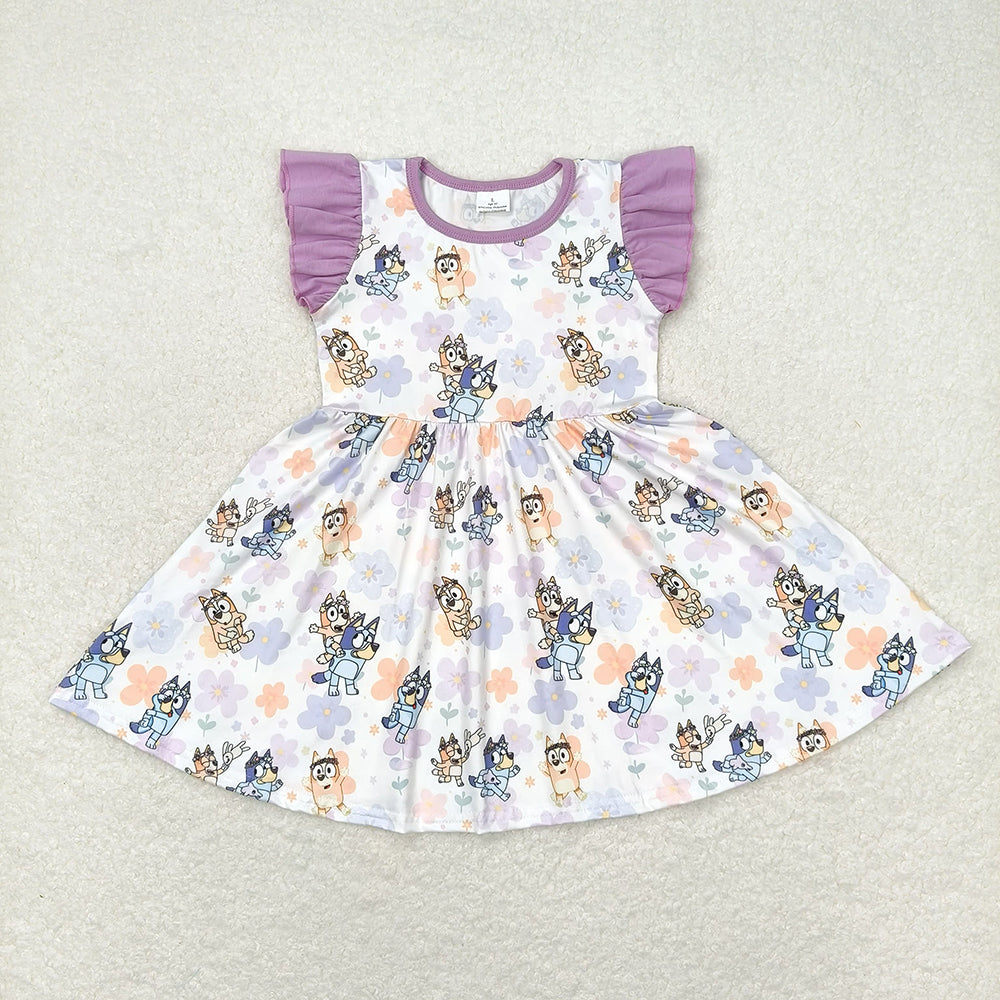 Baby Girls Blue Dogs Flowers Flutter Sleeve Knee Length Dresses