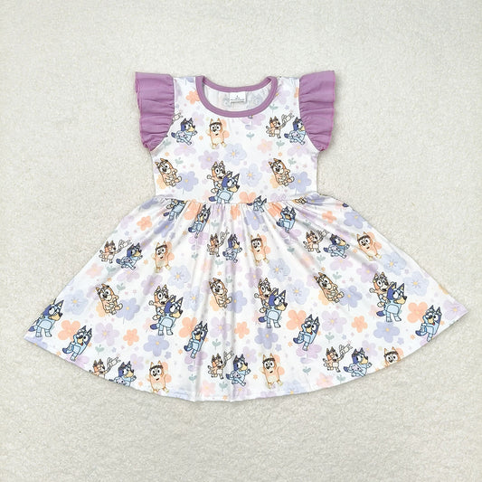 Baby Girls Blue Dogs Flowers Flutter Sleeve Knee Length Dresses