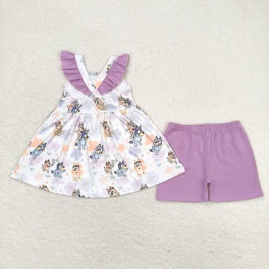 Baby Girls Dogs Flowers Tunic Lavender Shorts Clothes Sets