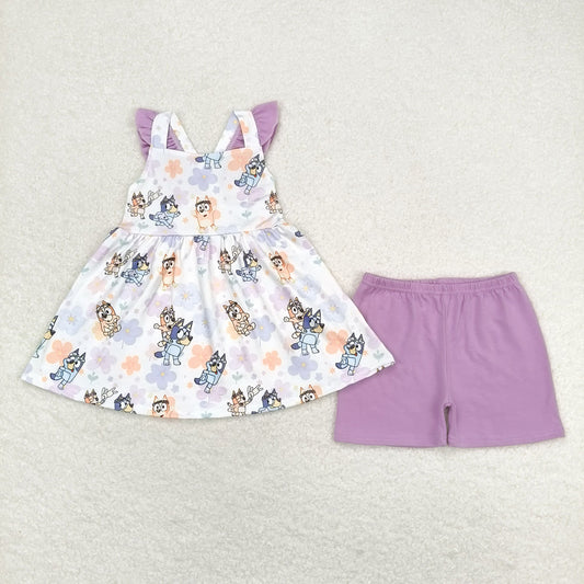 Baby Girls Dogs Flowers Tunic Lavender Shorts Clothes Sets