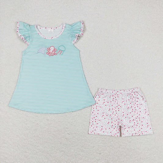 Baby Girls Blue Stripes Octopus Tunic Top Shorts Clothes Sets
