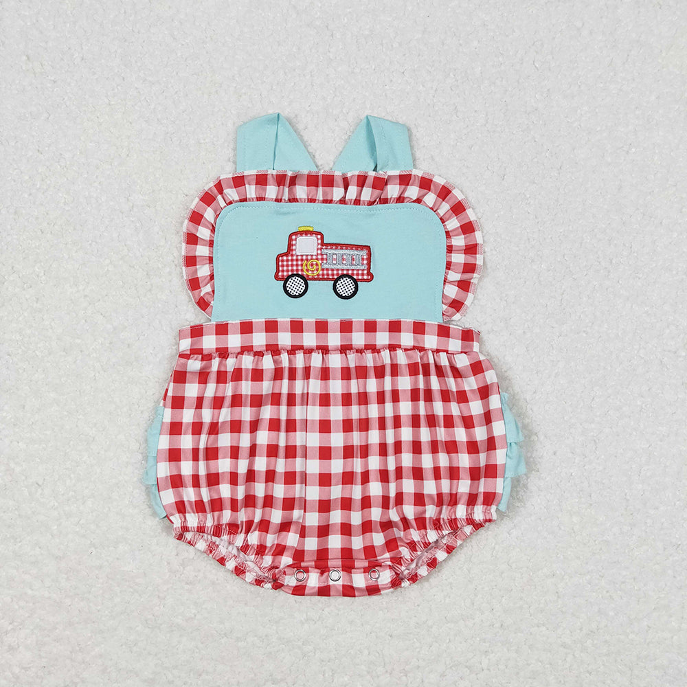 Baby Infant Girls Fire Truck Checkered Rompers