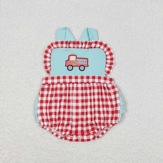 Baby Infant Girls Fire Truck Checkered Rompers