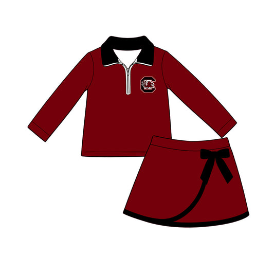 Preorder (moq 5) Baby Girls Gamecocks Zip Pullover Bow Skirt Short Team Clothes Set