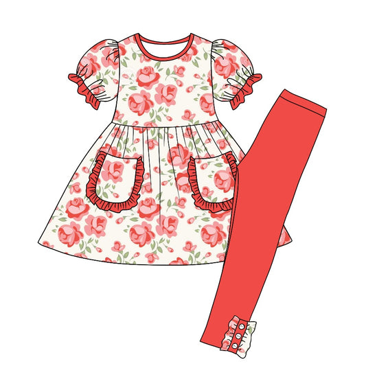 Baby Girls Red Floral Pocket Tunic Legging Clothes Sets preorder(moq 5)