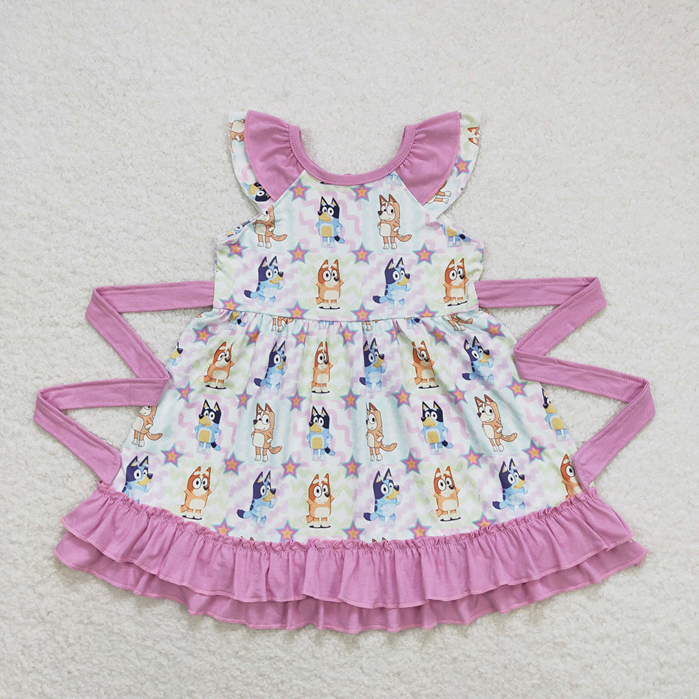 Baby Girls Colorful Dogs Belt Ruffle Knee Length Dresses