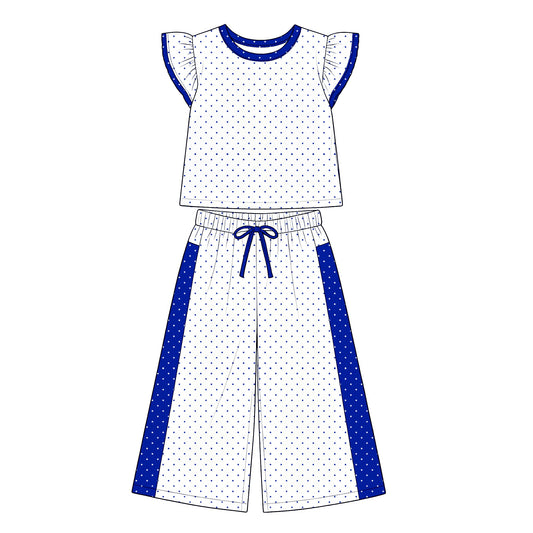 Preorder (moq 5)Baby Girls Flutter Sleeve Blue White Polka Dots Top Flare Pant Clothes Sets
